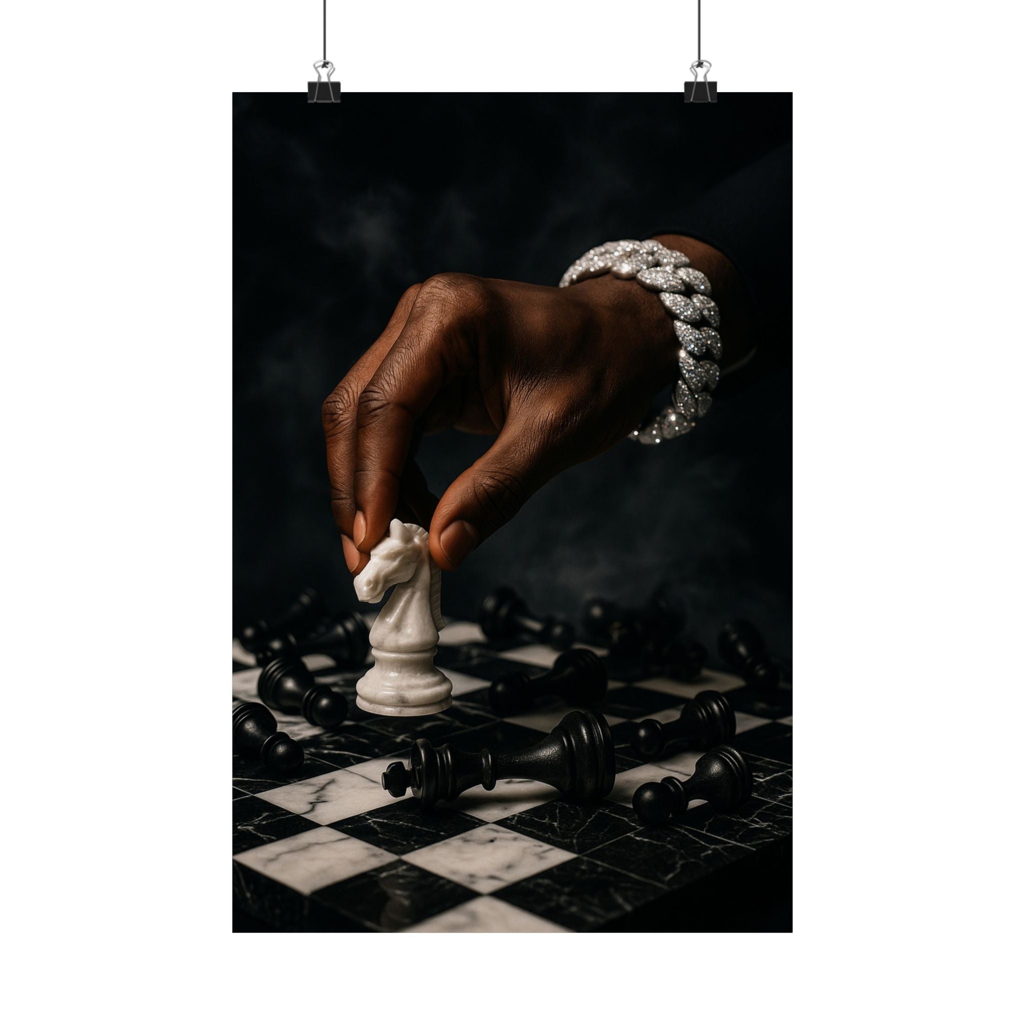 Calculated Move Poster —Dramatic Black Hand & Knight Matte Vertical Art Print