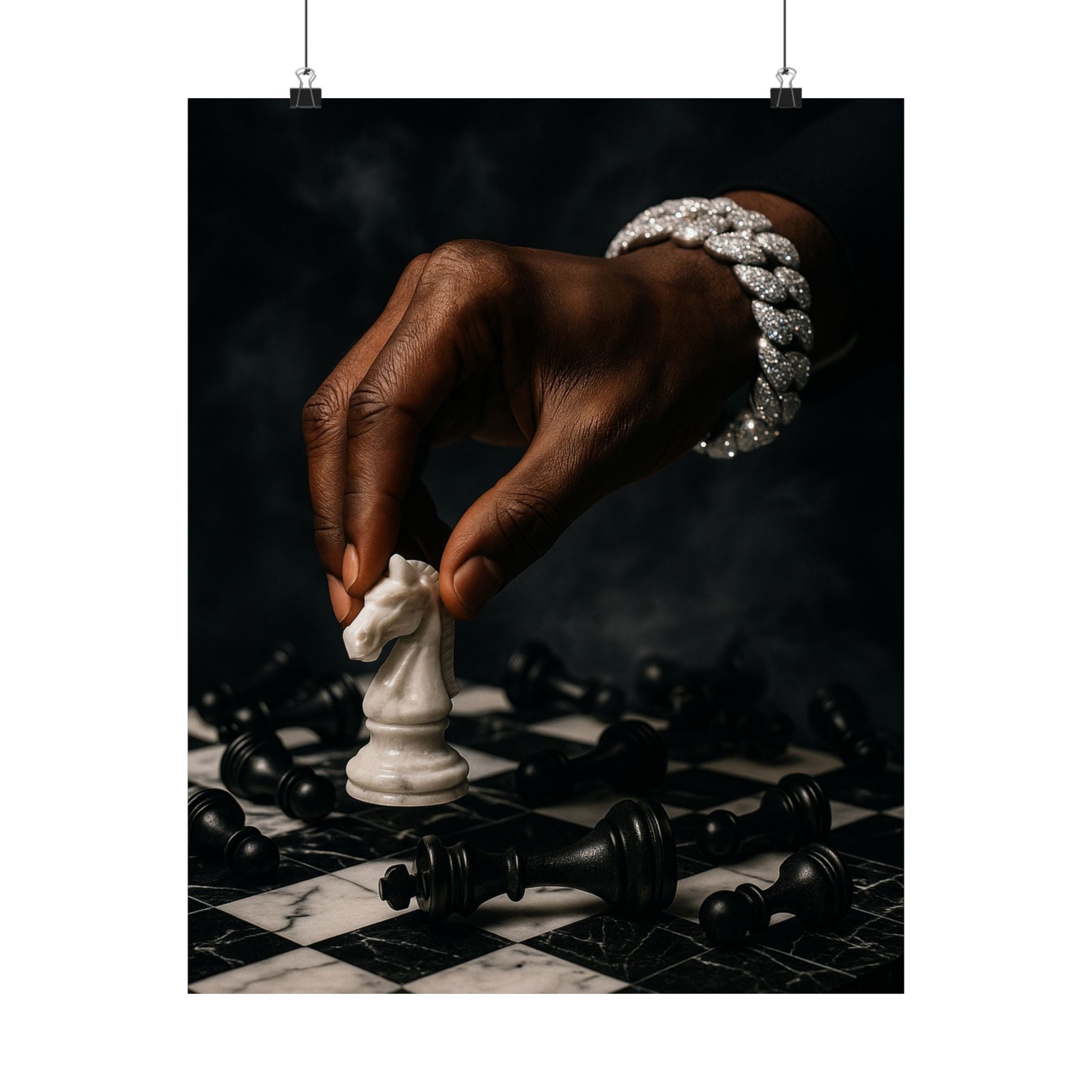 Calculated Move Poster —Dramatic Black Hand & Knight Matte Vertical Art Print