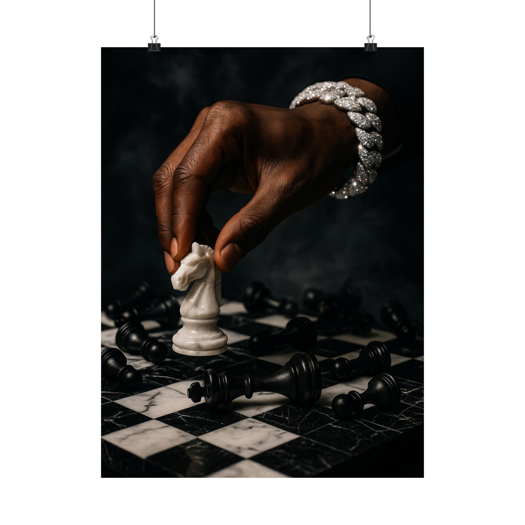 Calculated Move Poster —Dramatic Black Hand & Knight Matte Vertical Art Print
