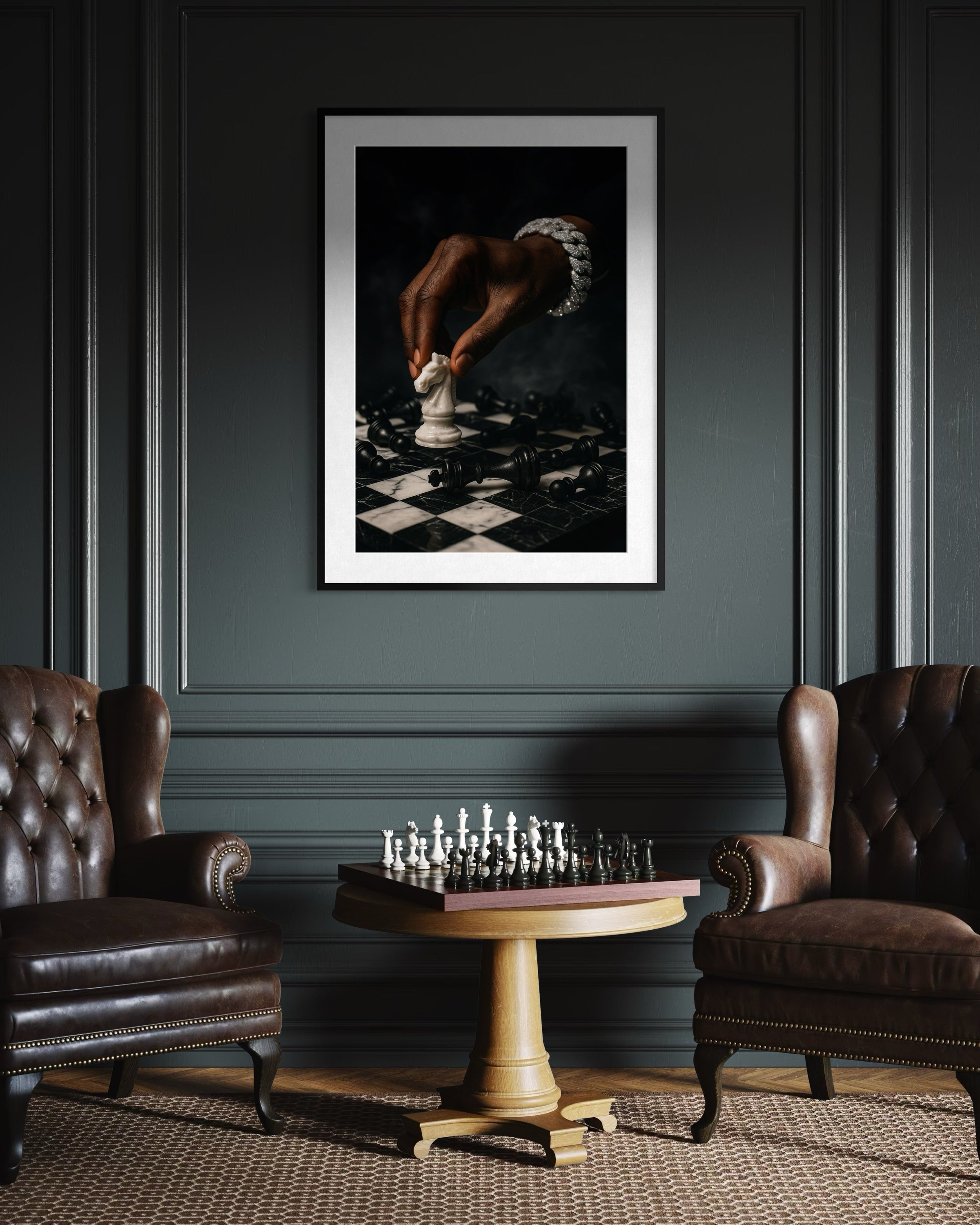 Calculated Move Poster —Dramatic Black Hand & Knight Matte Vertical Art Print