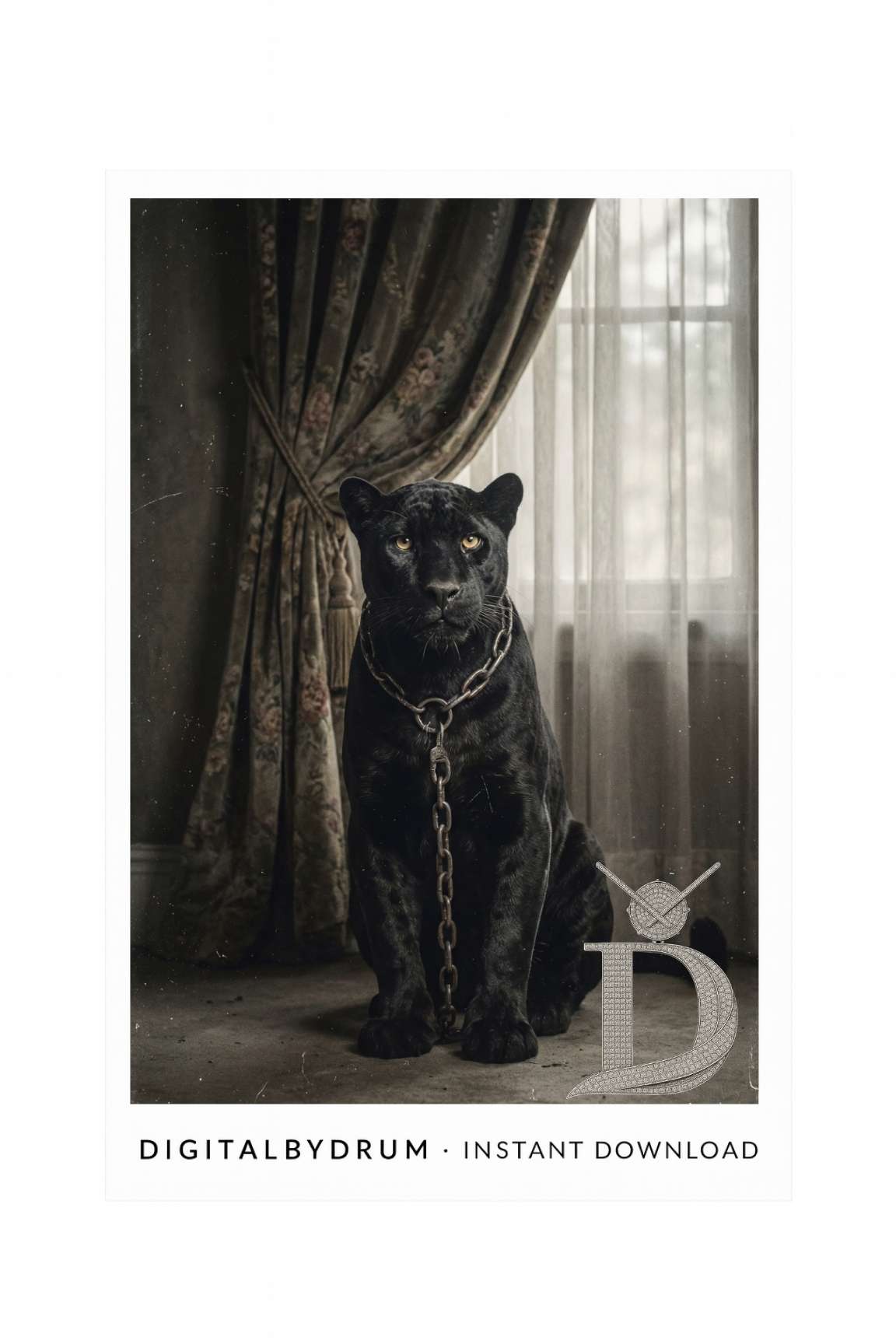 Chained Majesty – Vintage Black Panther Portrait (Luxury Digital Art Print)