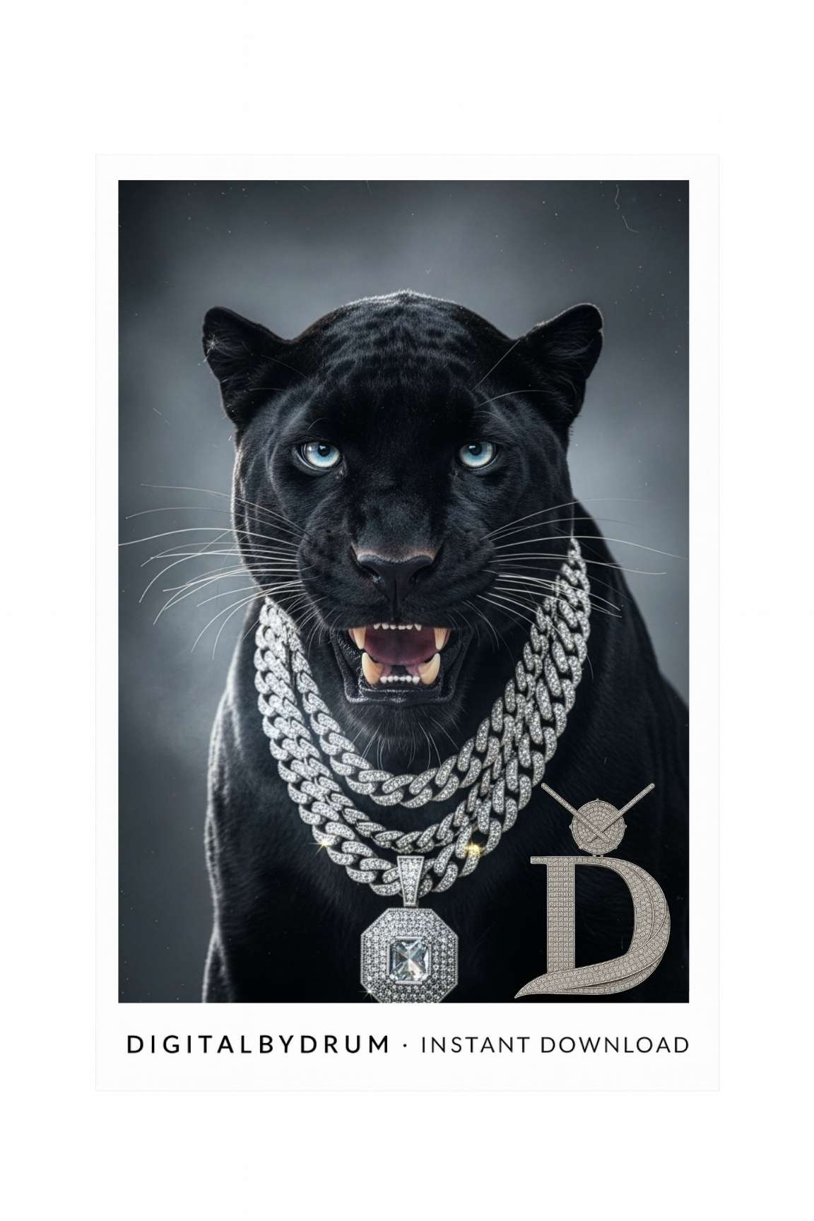 Iced Panther – Blue Diamond Gaze (Luxury Digital Art Print)