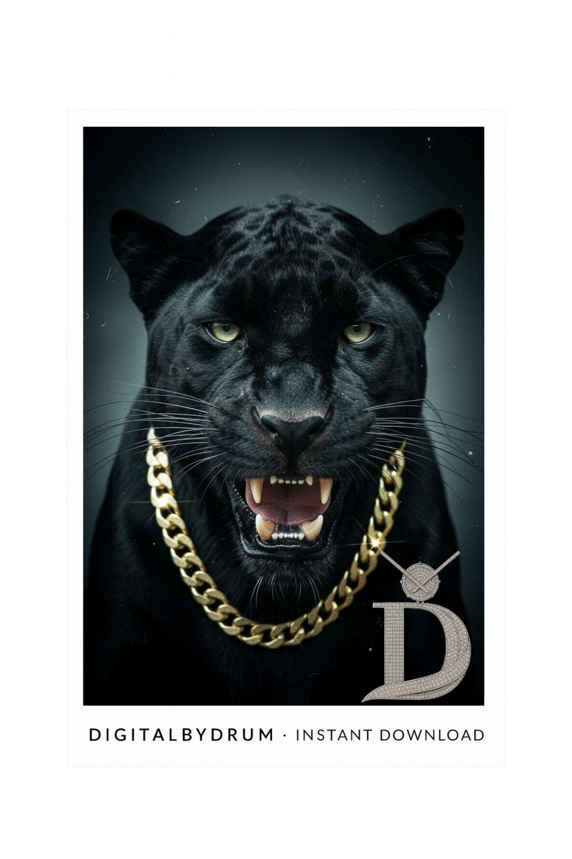 Golden Snarl – Black Panther With Gold Cuban Chain (Luxury Digital Art Print)